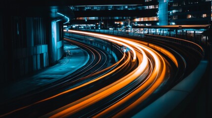 Poster - Dynamic Nighttime Urban Scene with Light Trails, Showcasing Vibrant Motion and Modern Architecture in a Busy Cityscape