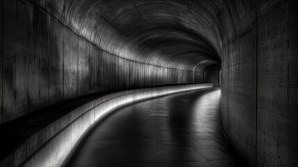Fototapete - A Captivating View of a Dark, Curved Concrete Tunnel with Soft Illuminated Edges Creating a Mysterious Atmosphere and Evoking Feelings of Intrigue and Exploration