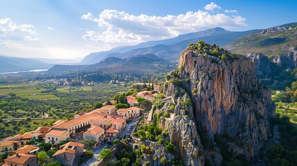 Canvas Print - A scenic view of a village nestled near rocky cliffs and mountains, showcasing nature's beauty and tranquility.