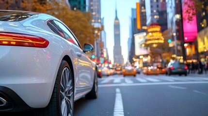 Naklejka na meble Compact rental car parked by a city street with a landmark visible