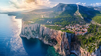 Canvas Print - A scenic coastal landscape featuring cliffs, a village, and a serene sea under a bright sky.