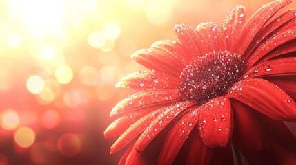 Aufkleber - Bright Red Flower with Water Droplets against a Soft Bokeh Background, Capturing the Essence of Nature's Beauty and Elegance in a Dreamy Setting
