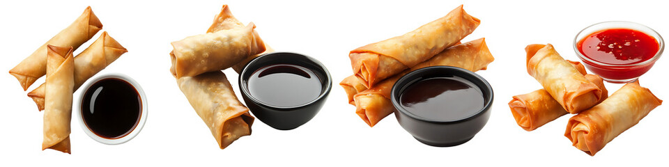 Wall Mural - Set of Chinese spring rolls with dipping sauce, isolated on a transparent background.