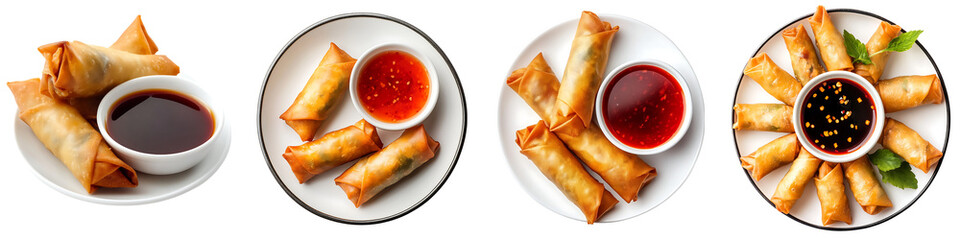 Wall Mural - Set of Chinese spring rolls with dipping sauce, isolated on a transparent background.