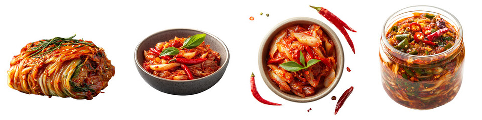 Wall Mural - Set of Korean kimchi with chili peppers, isolated on a transparent background.