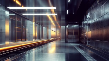 Fototapete - Futuristic Train Station Interior with Sleek Design, Gleaming Surfaces, Modern Lighting, and Empty Tracks Evoking a Sense of Travel and Innovation