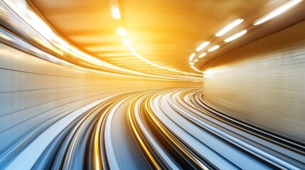 Fototapete - Abstract Motion Blur of a Curved Tunnel with Bright Lights and Warm Hues Creating a Dynamic Visual Experience During Speedy Transit