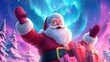 © P - Jolly santa claus with gift boxes under enchanting northern lights