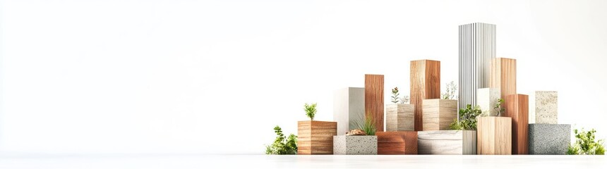 Poster - A collection of wooden and concrete blocks arranged artistically with greenery.