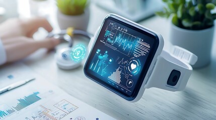 Wall Mural - healthcare data analytics. a futuristic smartwatch displaying health and data analytics, surrounded 