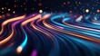 © OMD - Abstract digital art featuring flowing multicolored neon light waves with glowing particles on a dark background, creating a dynamic and futuristic effect.