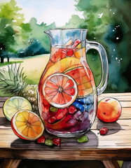 Wall Mural - A refreshing pitcher of fruit-infused sangria with a variety of colorful fruits