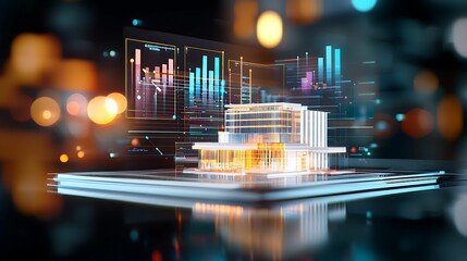 Wall Mural - government finance futuristic. a futuristic digital representation of a building with data visualiza