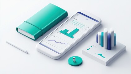 Poster - A modern workspace featuring a smartphone with graphs, a notebook, and a pen.