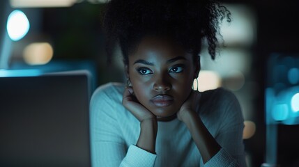 Wall Mural - Contemplative Young Woman Deep in Thought with a Pensive Expression and Soft Lighting in a Modern Workspace