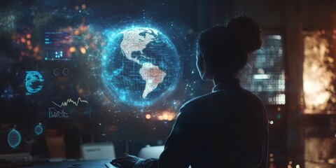 Wall Mural - businessperson analyzing data with a digital globe and graphs floating around,space for text