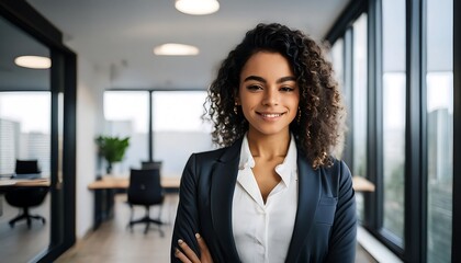 a confident young hispanic woman stands in a modern office, her curly hair evident beneath _1(46)