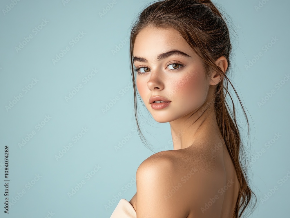 Commercial Models Graphics Skincare commercial model posing, light blue background Stock ...