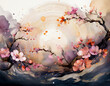© 100ME - 中心から外へ広がる円形グラデーションの中に、桜の花びらが舞い散るようなエフェクトを加え、日本の春の儚さを表現するアブストラクトな背景イメージ