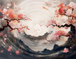 © 100ME - 中心から外へ広がる円形グラデーションの中に、桜の花びらが舞い散るようなエフェクトを加え、日本の春の儚さを表現するアブストラクトな背景イメージ
