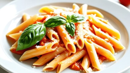 Pasta dish, penne pasta, tomato sauce, basil leaves, grated cheese, close-up food photography, white plate, vibrant colors, Italian cuisine, appetizing meal, fresh ingredients, restaurant presentation