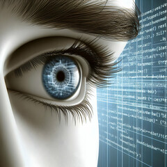 Wall Mural - 3d macro image of technicians eye with digital code reflection with copy space concept as a close up