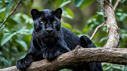 Wall Mural - black panther sitting on the tree