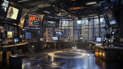 Wall Mural - modern, high-tech office space with multiple workstations, large windows overlooking a city skyline,