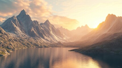 Wall Mural - Serene sunset over a mountain lake with rugged peaks and golden light reflecting on the water.