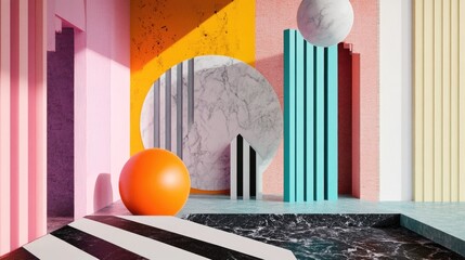 Wall Mural - Abstract geometric background with colorful walls, marble spheres, and a black and white striped floor.