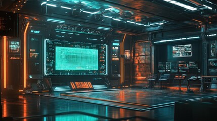 Wall Mural - Futuristic control room with glowing screens,  a large central monitor, and a futuristic design.