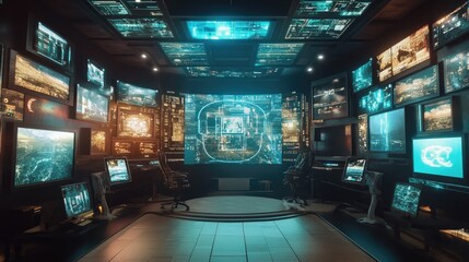 Futuristic control room with multiple screens displaying data and a large central screen displaying a holographic interface.