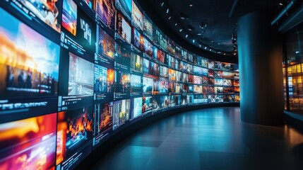 Wall Mural - a curved wall of screens displaying various images and videos.