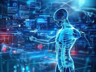 Wall Mural - computerbased information technology with a person playing with internet connectivity, medical techn