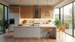 © Endry Creator - Modern kitchen interior with island, stools, and appliances in neutral tones. Generative, AI.