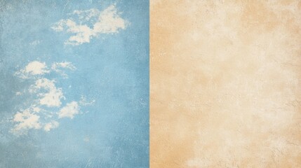 Wall Mural - blue sky with fluffy white clouds filling the left half of the frame, juxtaposed with a textured bei