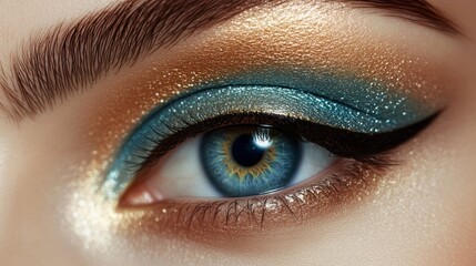 Poster - A woman's eye is highlighted with gold and blue eyeshadow