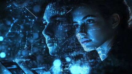 man, woman and tablet with overlay for technology, maintenance or night data center or futuristic. t