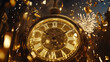 © PhotoArtHub - A grand golden clock, detailed and elegant, is suspended against a backdrop of bright fireworks and falling confetti