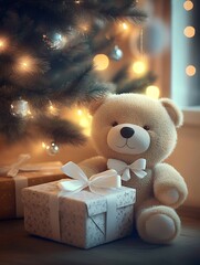 Poster - Festive Teddy Bear with Beautifully Wrapped Gift Beside Christmas Tree : Generative AI