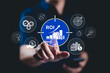 © Supatman - Analyzing ROI, Business Strategy Concepts. Businessman touching on ROI (Return on Investment) graph with icons representing financial strategies, return on investment, and efficiency. marketing plan,