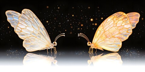 Wall Mural - Sparkling Golden Butterflies Night Reflection Magic Fantasy Art