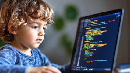 Young boy is learning to code using a laptop at a desk in a home interior. The image evokes concepts such as childhood, technology, and the future of computer programming
