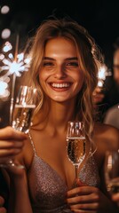 Poster - Young woman celebrating with champagne and sparklers at a lively evening gathering