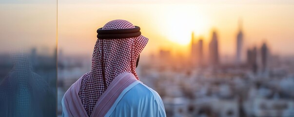 Saudi man in traditional attire gazing at a city skyline at sunrise, symbolizing vision and future aspirations