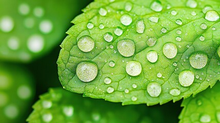 Wall Mural -   A close-up of a green leaf with droplets of water on its leaves is in the foreground