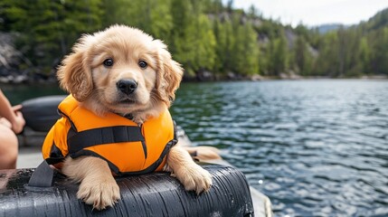 Fototapete - Puppy wearing a tiny life jacket on a boat dock ready for a water adventure with owner preparing for a day on the lake with side empty space for text Stockphoto style