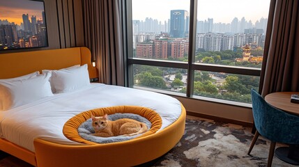 Fototapete - Cat curled up in a cozy pet bed near a window inside a pet-friendly hotel room overlooking a cityscape with side empty space for text Stockphoto style