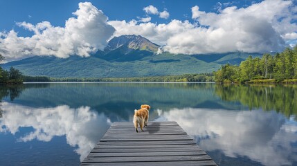 Fototapete - Puppy walking across a dock at a lake with reflection of mountains in water while owner follows creating a peaceful pet tourism scene with side empty space for text Stockphoto style