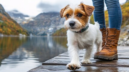 Fototapete - Puppy walking across a dock at a lake with reflection of mountains in water while owner follows creating a peaceful pet tourism scene with side empty space for text Stockphoto style